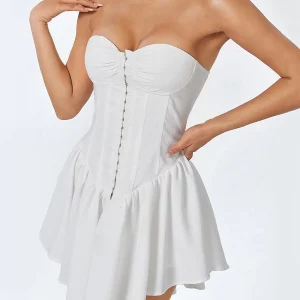 Strapless Mini Dress with Central Clasp Corset - Women's Solid Color Tube Dress