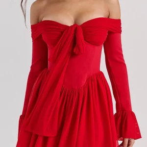 Strapless Red Mini Dress with Flare Sleeves - Elegant Backless Off-shoulder Style for Women