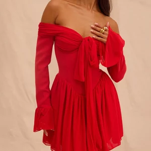 Strapless Red Mini Dress with Flare Sleeves - Elegant Backless Off-shoulder Style for Women