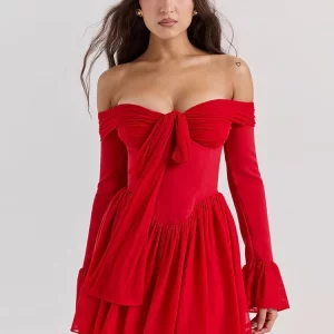 Strapless Red Mini Dress with Flare Sleeves - Elegant Backless Off-shoulder Style for Women