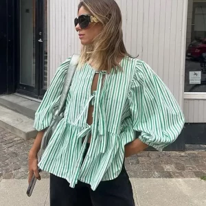 Stripe Print T-shirt Women 2024 Spring Summer Fashion Hollow Out Lace Up Long Sleeve Lady Tops