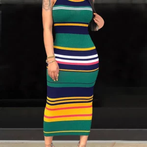 Striped Bodycon Dress: Women's Summer Elegant Sleeveless Midi Dress