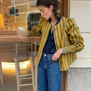 Striped Bomber Jacket Women's Loose Fit Puff Sleeve Coat - 2024 Spring Fashion Trend