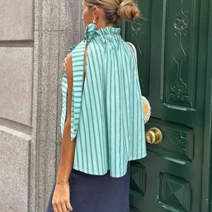 Striped Bow Sleeveless Blouse with Ruffled Collar