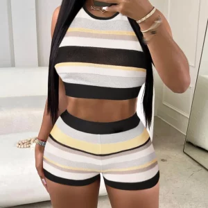 Striped Crop Top and Shorts Set for Women - Summer 2024 Beachwear