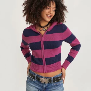 Striped Knit Cropped Cardigan Hoodie for Women, Long Sleeve Zip Sweater Coat with Pockets