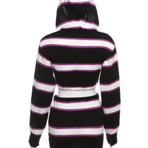 Striped Knitted 2-Piece Women's Casual Set: Long Sleeve Hoodie & Mini Skirt - 2024