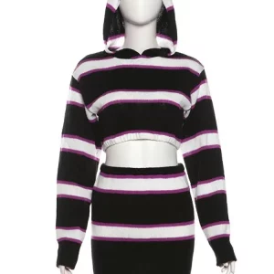 Striped Knitted 2-Piece Women's Casual Set: Long Sleeve Hoodie & Mini Skirt - 2024