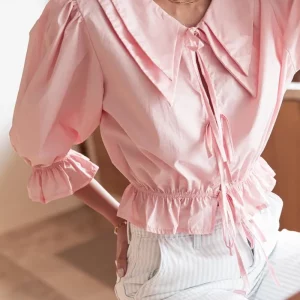 Striped Lace-Up Doll Collar Blouse | Puff Sleeve Ruffles | Women's Casual Top | Spring/Summer