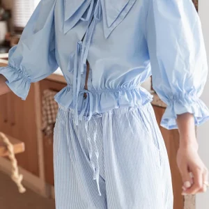 Striped Lace-Up Doll Collar Blouse | Puff Sleeve Ruffles | Women's Casual Top | Spring/Summer