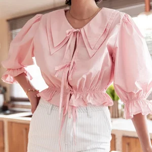 Striped Lace-Up Doll Collar Blouse | Puff Sleeve Ruffles | Women's Casual Top | Spring/Summer