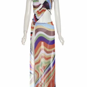 Striped Maxi Halter Beach Dress for Women - Sexy High Split Cover Up, Ideal for Club, Evening Party,