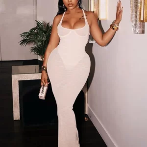 Striped Mesh See-Through White Halter Maxi Dress - Sexy Bodycon for Women - 2024 Party Clubwear