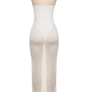 Striped Mesh See-Through White Halter Maxi Dress - Sexy Bodycon for Women - 2024 Party Clubwear