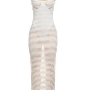 Striped Mesh See-Through White Halter Maxi Dress - Sexy Bodycon for Women - 2024 Party Clubwear