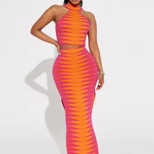 Striped Panel 2-Piece Set: Sleeveless Crop Top & Maxi Skirt