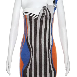 Striped Panel Mini Dress: Sleeveless Knit, Shoulder Incline, Slim Fit - Casual Streetwear for Women