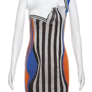 Striped Patchwork Mini Dress Women Sleeveless Hipster Robe