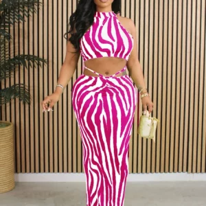 Striped Print 2-Piece Women's Crop Tank & Maxi Skirt Set for Summer Beach Outfits