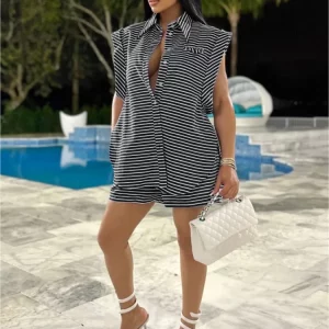 Striped Print 2-Piece Women's Set: Sleeveless Shirt & Shorts for 2024 Summer