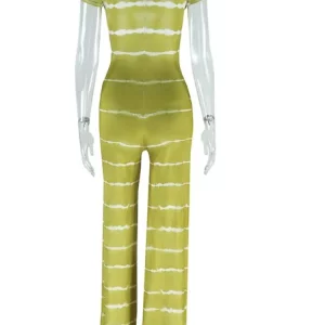 Striped Print Cutout Bandage Wide Leg Jumpsuit - Casual O-Neck Short Sleeve Overall