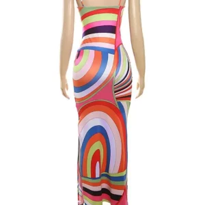 Striped Print Maxi Dress Women Spaghetti Strap V-Neck Side Split Robe - 2024 Summer Fashion