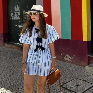 Striped Short Pants Suit with Puff Sleeve Top - Women's Casual Spring Outfit