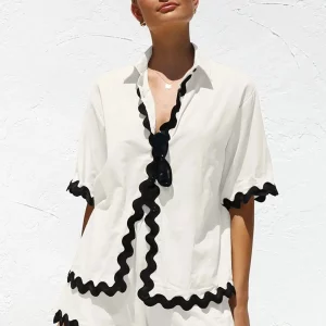 Striped Summer Suit: Women's Lapel Shirt & Elastic Waist Shorts Set