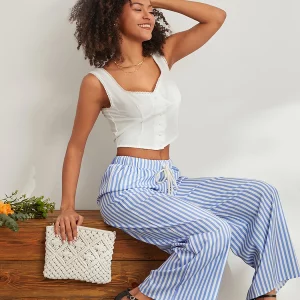 Striped Wide Leg Drawstring Pants for Women - Stylish Spring/Summer Trousers