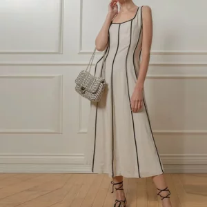 Striped Women's Square Collar Dress | 2024 Spring Summer Fashion | Sleeveless Beach Robe