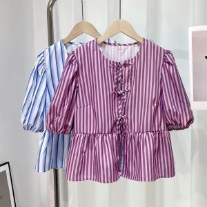 Stripes Print Women's Shirt with Bow Detail and Hollow Out Design