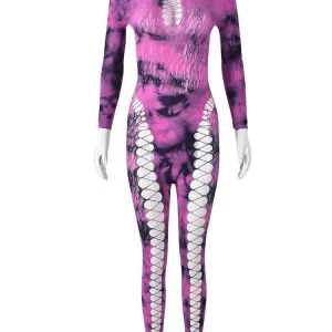 Stunning Hollow Out Tie Dye Jumpsuit | Sexy O-Neck Skinny Overalls | Women's Long Sleeve One