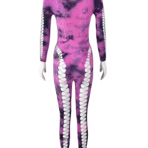 Stunning Hollow Out Tie Dye Jumpsuit | Sexy O-Neck Skinny Overalls | Women's Long Sleeve One