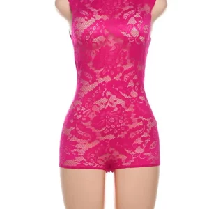 Stunning Lace Jacquard See-Through Playsuit with High Collar