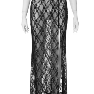 Stunning Lace See-Through Black Maxi Skirt - Sexy High Waist Split for Women - Nightclub Wear, 202