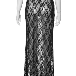 Stunning Lace See-Through Black Maxi Skirt - Sexy High Waist Split for Women - Nightclub Wear, 202