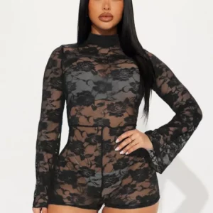 Stunning Lace See-Through Playsuit with Flare Sleeves