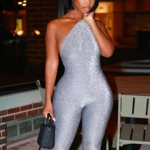 Stunning Shiny Asymmetrical Jumpsuit with Shoulder Shirring