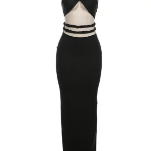 Stunning V-Neck Black Maxi Dress with Side Split - Sexy Sleeveless Bodycon for Women - 202