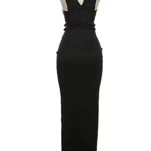 Stunning V-Neck Black Maxi Dress with Side Split - Sexy Sleeveless Bodycon for Women - 202