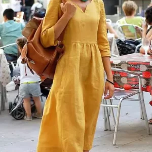 Stylish V-neck Loose Dress with Mid-waist - Solid Color