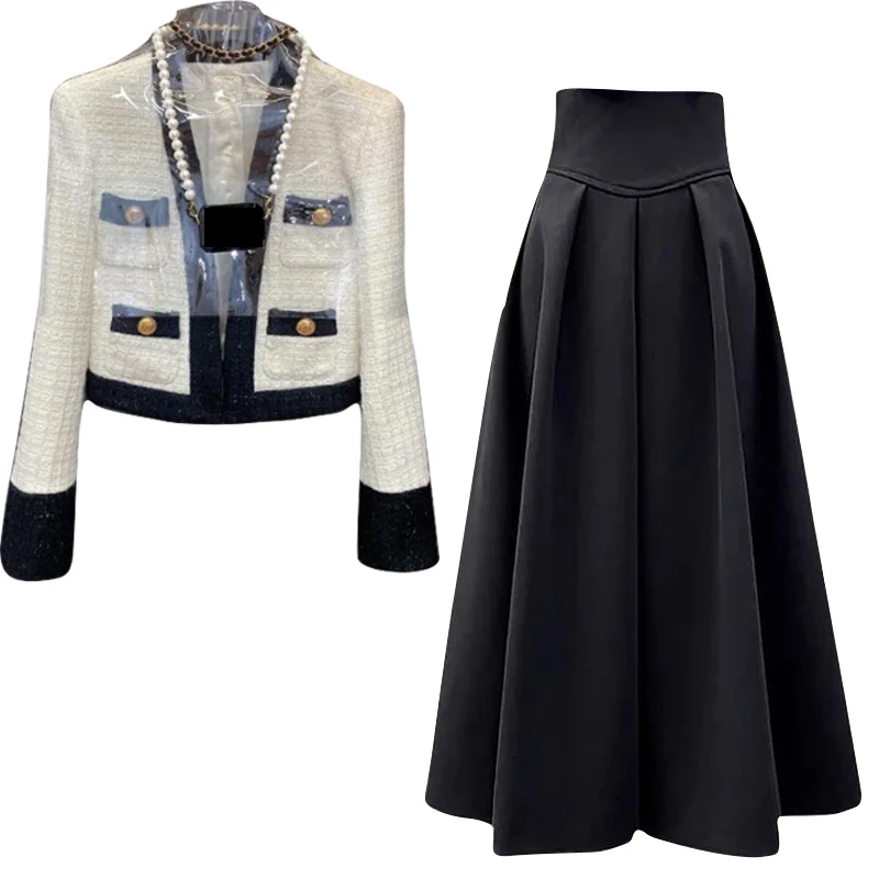 Stylish V-Neck Tweed Jacket & A-Line Skirt Set