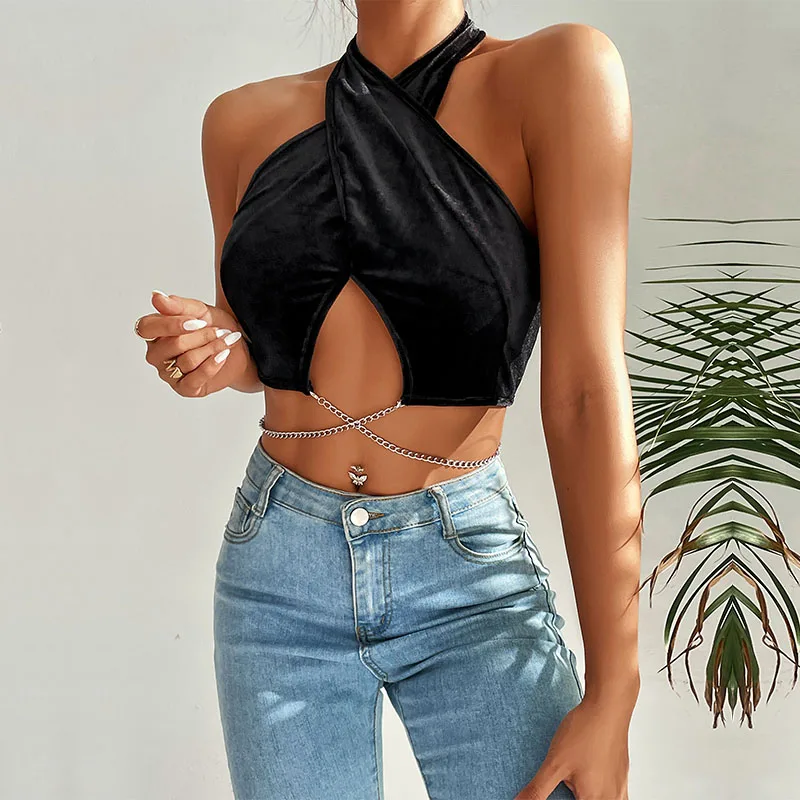 Summer Bare Midriff Strap Camisole Chain Tank Top