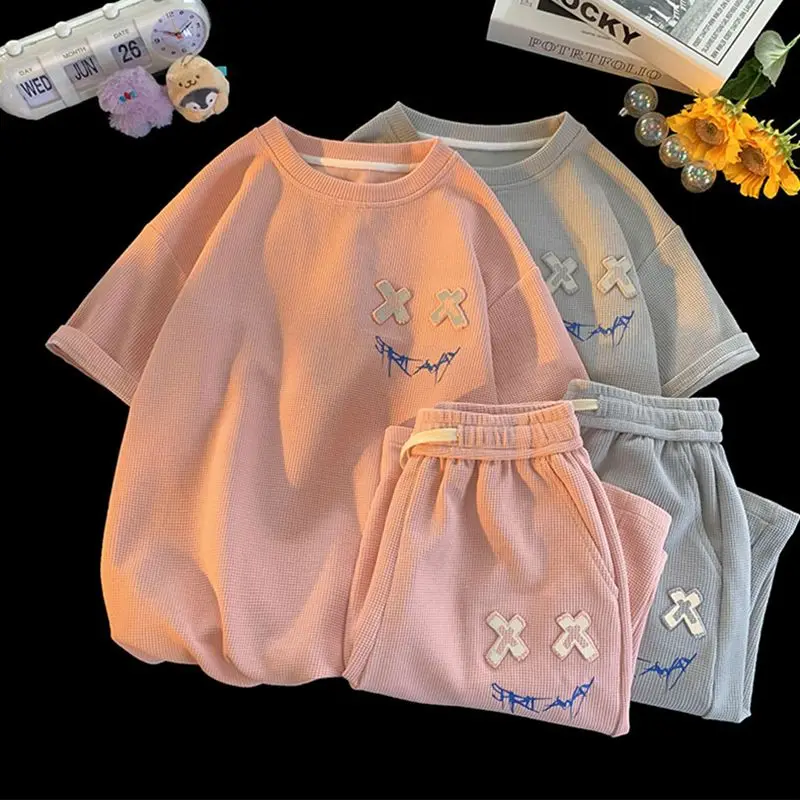 Summer Casual Waffle T-shirt and Sweat Shorts Set