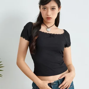 Summer Chic Lace Trim Crop Top - Women's Casual U-Neck Tee