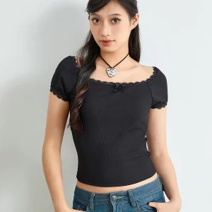 Summer Chic Lace Trim Crop Top - Women's Casual U-Neck Tee