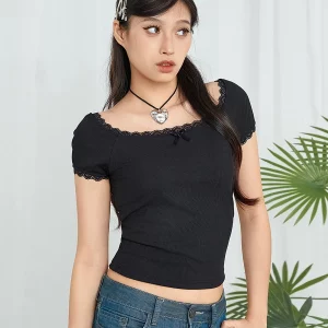 Summer Chic Lace Trim Crop Top - Women's Casual U-Neck Tee