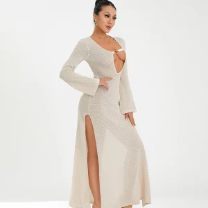 Summer Crochet Knit Beach Long Dress with See-Through Sleeves