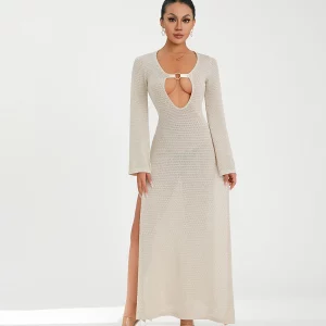 Summer Crochet Knit Beach Long Dress with See-Through Sleeves