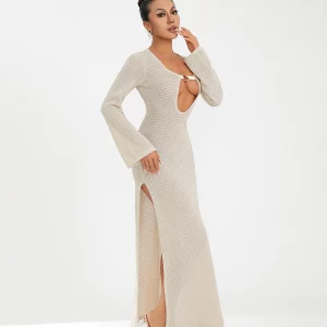 Summer Crochet Knit Beach Long Dress with See-Through Sleeves